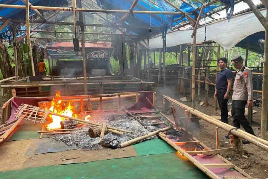 Personil Polsek Gedangan mengobrak-abrik arena sabung ayam di Dusun Sumbernanas
