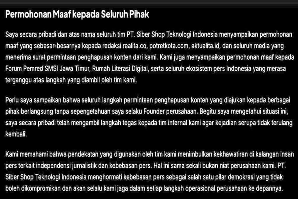 Pernyataan maaf dari PT Siber Shop Teknologi Indonesia yang diunggah melalui situ perusahaan