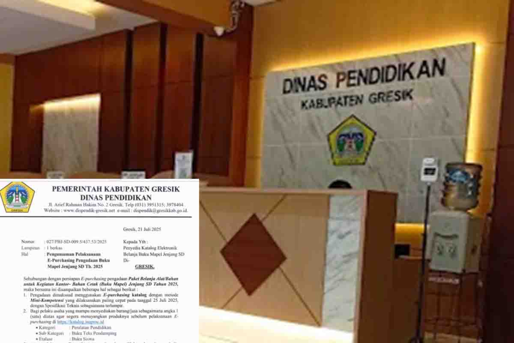Kantor Dinas Pendidikan Gresik. Inzet : Pengumuman pengadaan buku tahun 2025