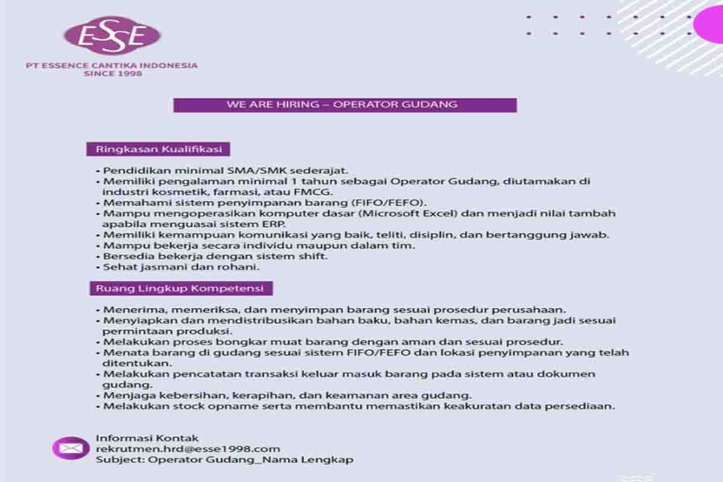 Lowongan PT Essence Cantika Indonesia