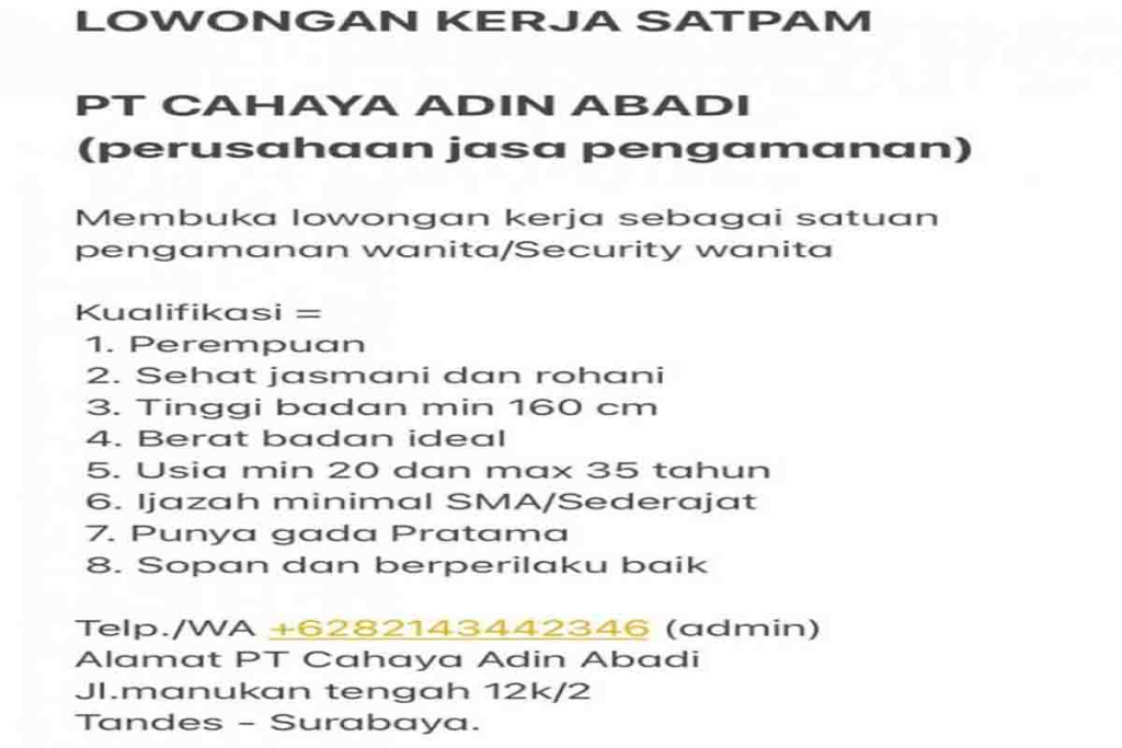 Lowongan kerja PT Cahaya Adin Abadi