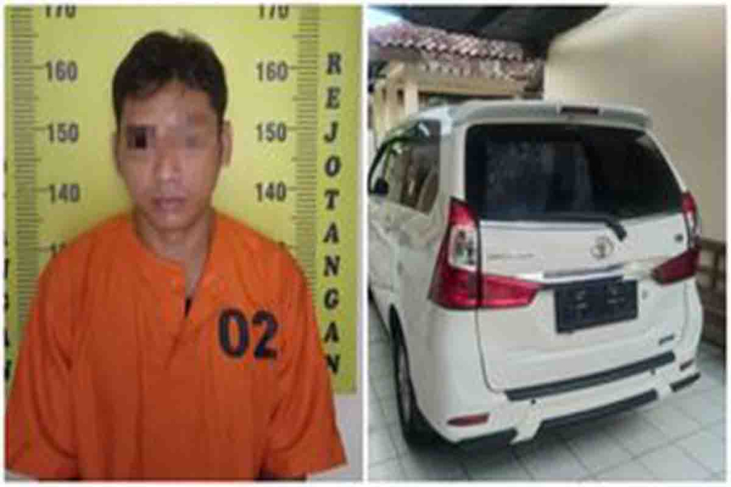 Candra Kristiawan dan barang bukti mobil yang digelapkan