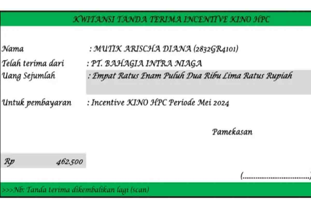 Kuitansi insentif Mutik Arischa Diana