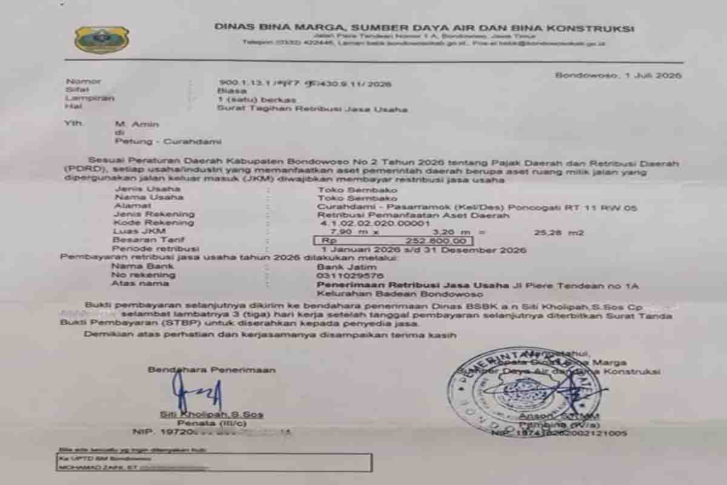 Surat tagihan dari Dinas Bina Marga, Sumber Daya Air dan Bina Konstruksi Kabupaten Bondowoso