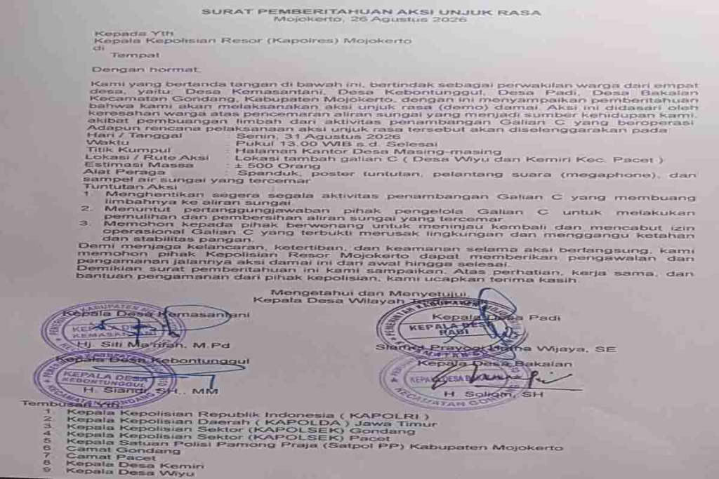 Surat pemberitahuan aksi unjuk rasa terkait tambang di Pacet ke Kapolres Mojokerto