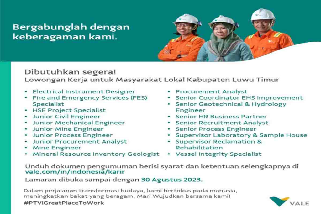 Lowongan kerja PT Vale Indonesia