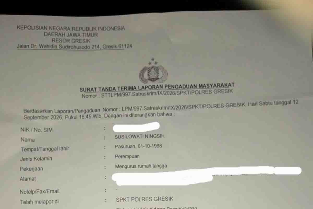 Laporan Susilowati Ningsih ke Polres Gresik