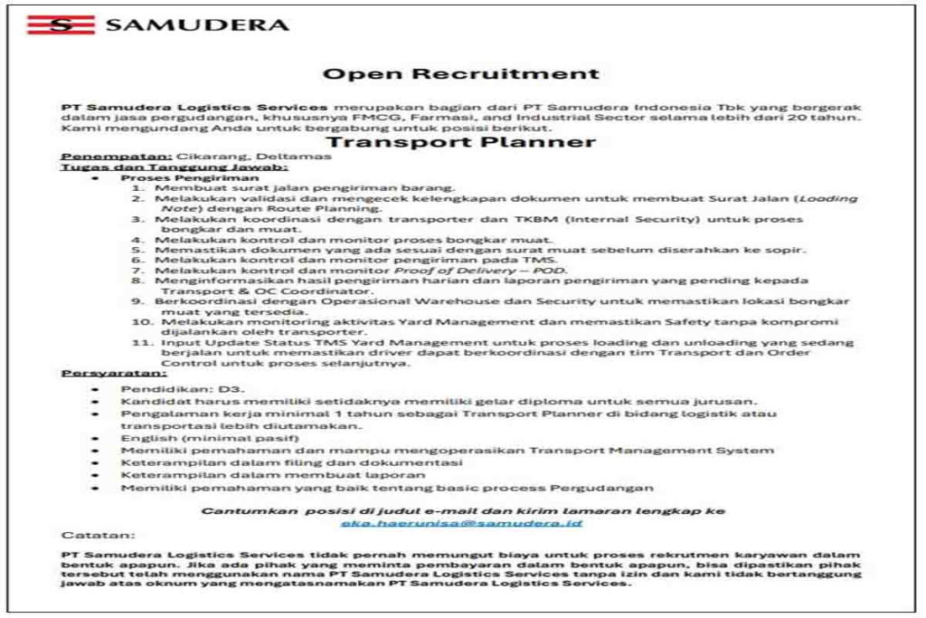 Lowongan Transport Planner di PT Samudera Logistics Services