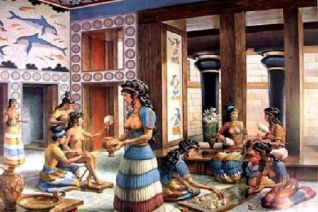 Ilustrasi modern Wanita Minoan (1600 SM) di Istana, Knossos, Kreta, Yunani