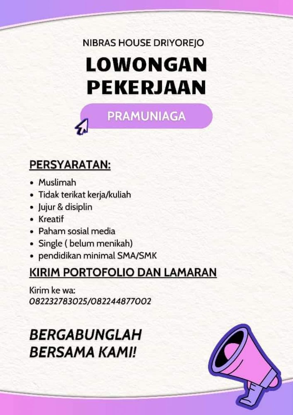 Lowongan kerja NIBRAS HOUSE