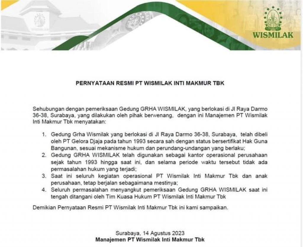 Pernyataan resmi manajemen Gedung Wismilak