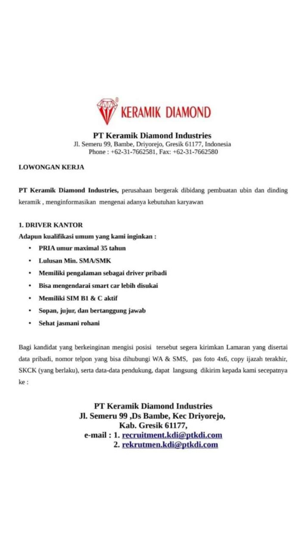 Lowongan kerja di PT Keramik Diamond Industries