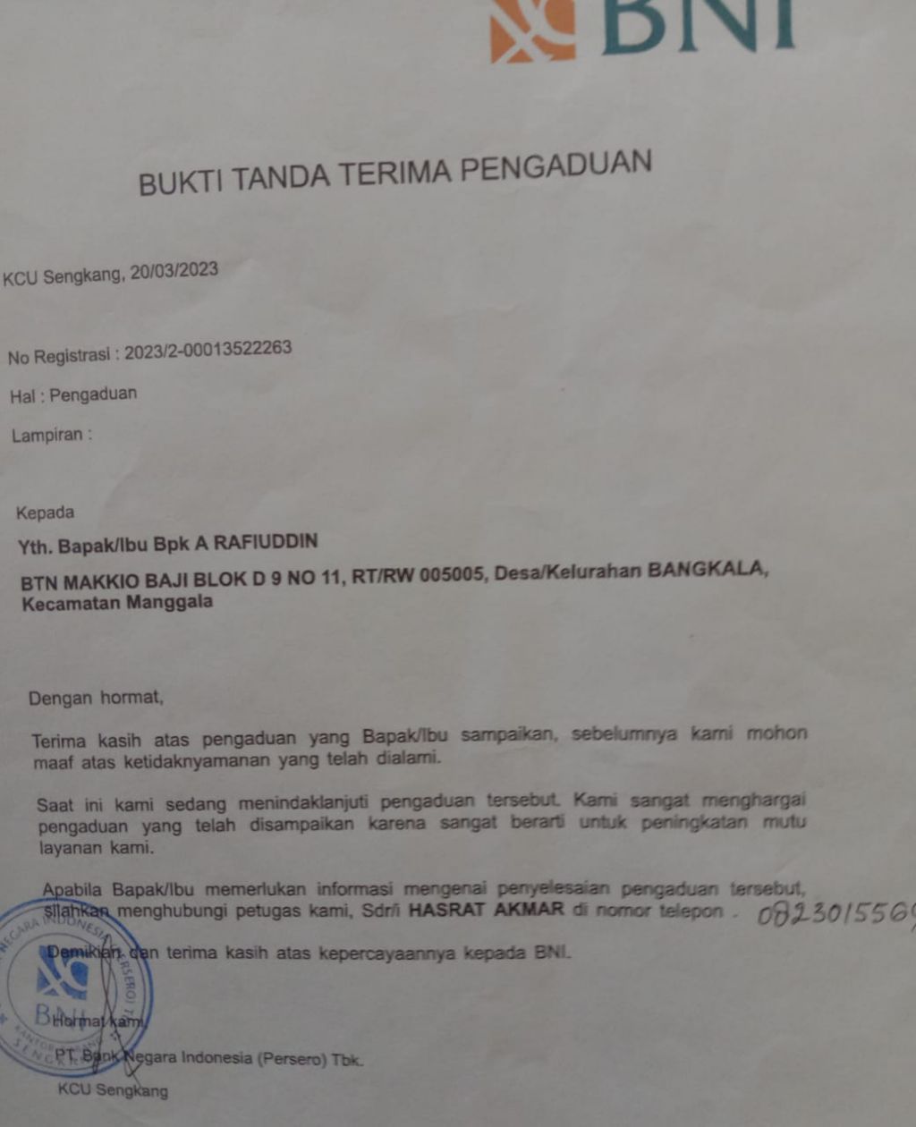 Bukti pengaduan Rafiuddin ke BNI