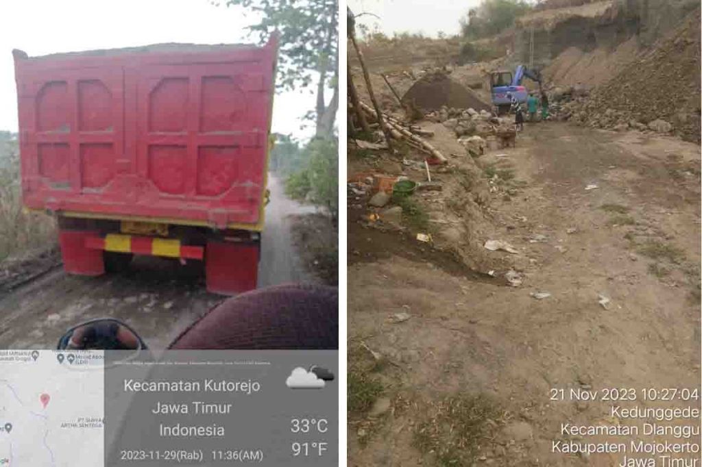 Tampak jalan rusak akibat truk pengangkut material tambang, dan lokasi tambang di Dusun Grogol