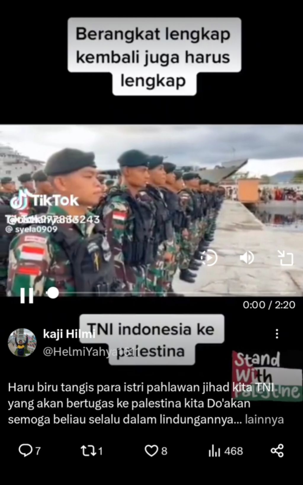 Tangkapan layar video yang dinarasikan berangkat ke Palestina