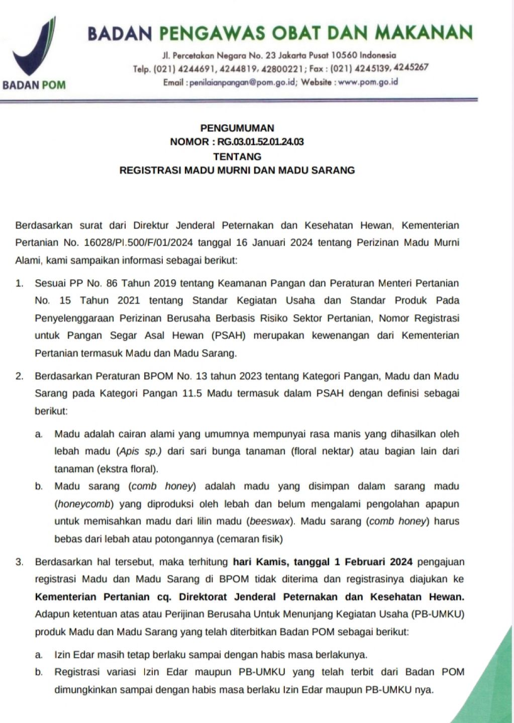 Aturan tentang madu murni dan sarang madu