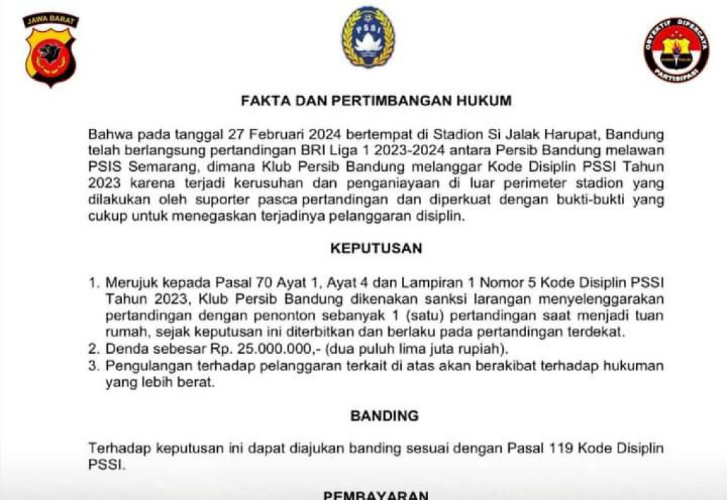 Aturan sanksi tanpa penonton