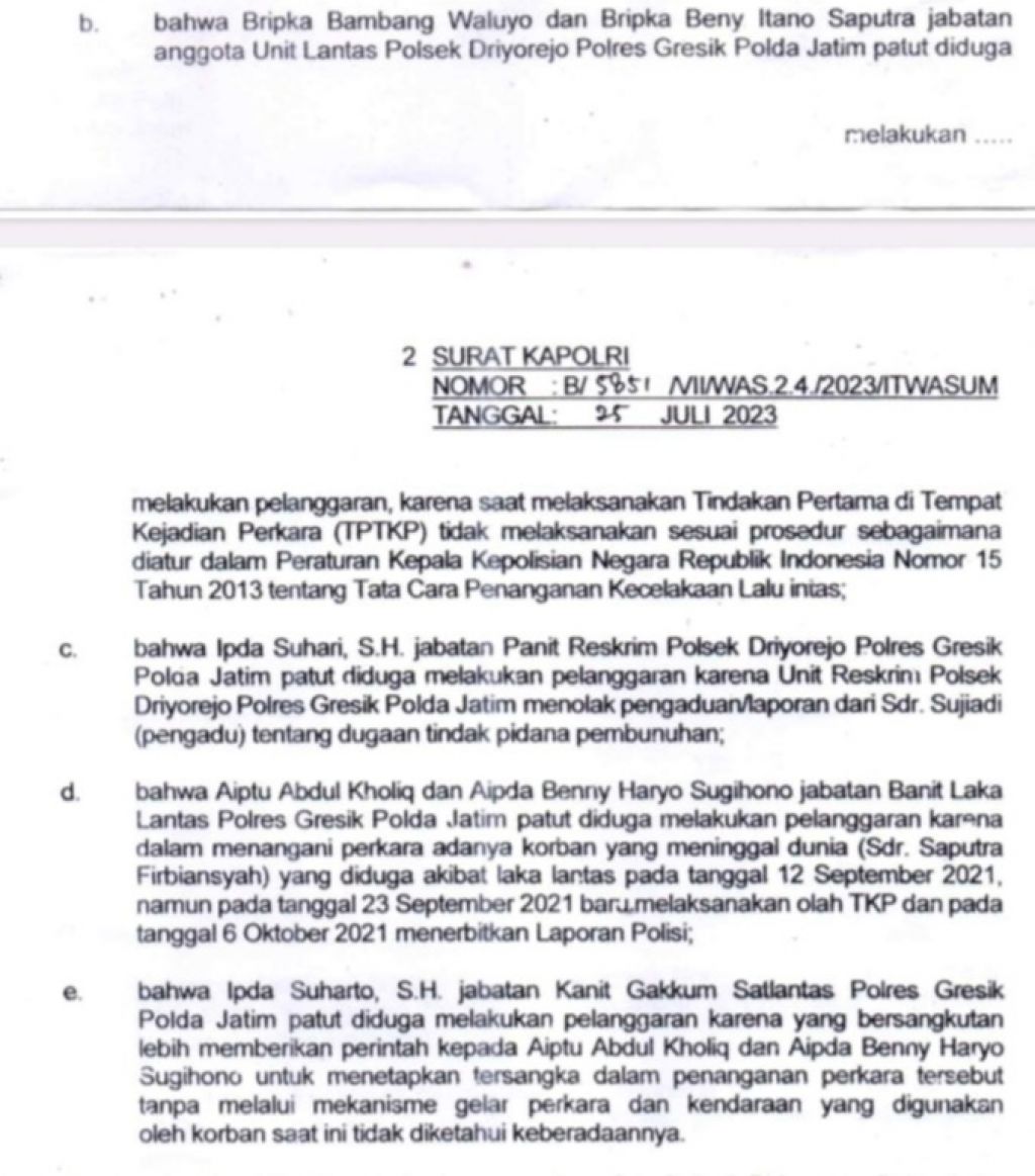 Nama-nama oknum anggota jajaran Polres Gresik yang dinilai melanggar kode etik
