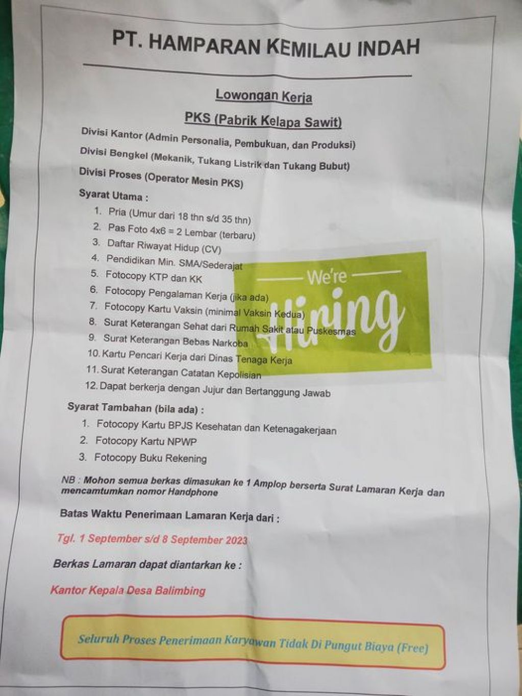 PT Hamparan Kemilau Indah membuka lowongan kerja