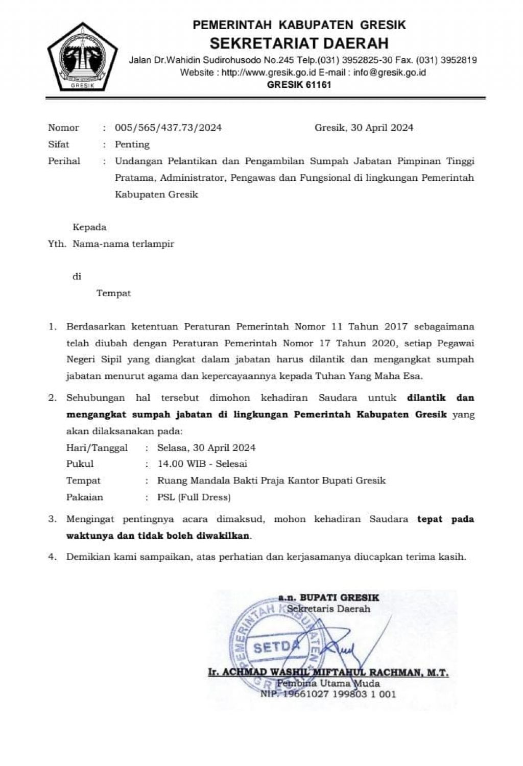 Undangan pelantikan dan pengucapan sumpah jabatan