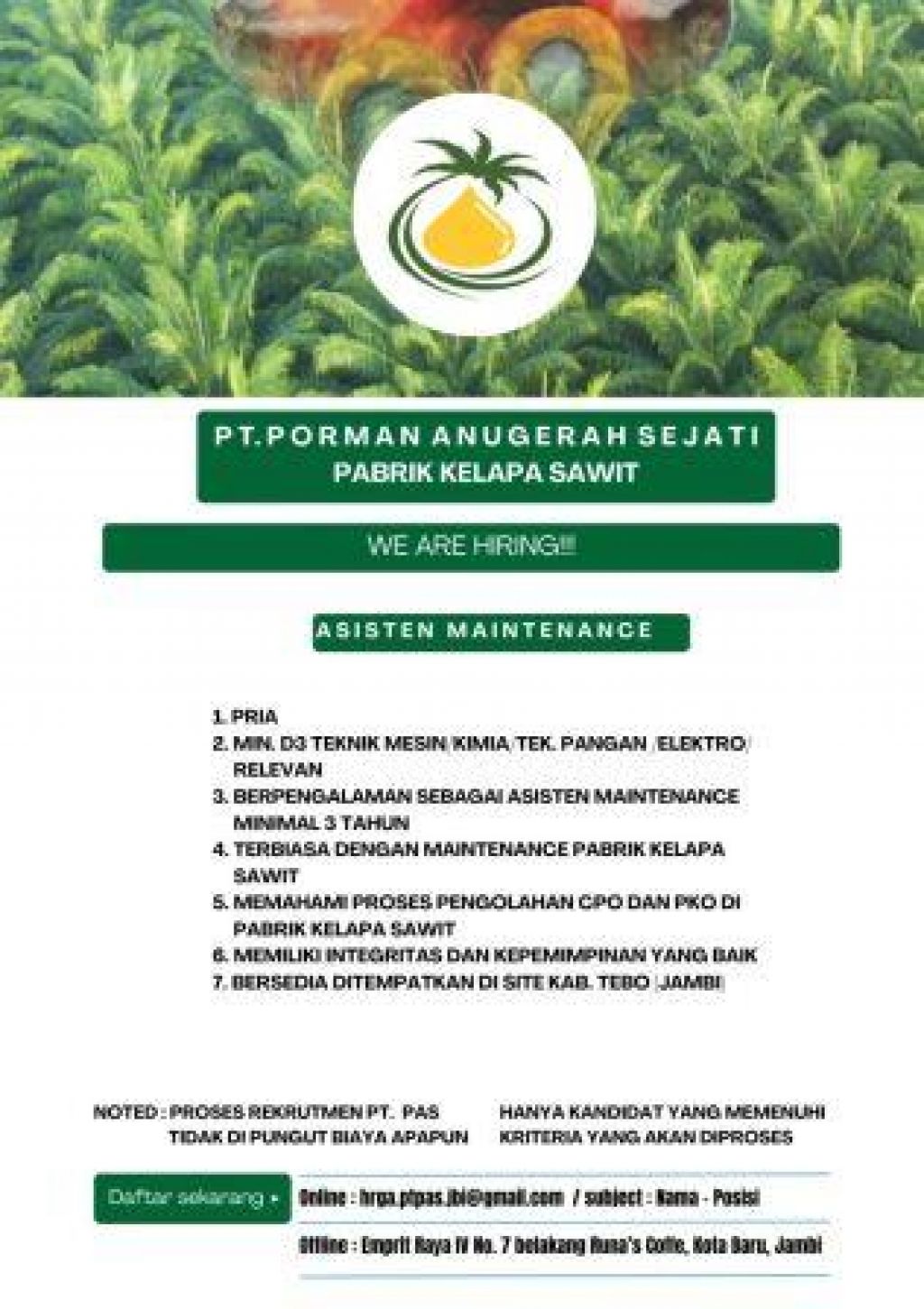 Lowongan kerja di PT Porman Anugerah Sejati
