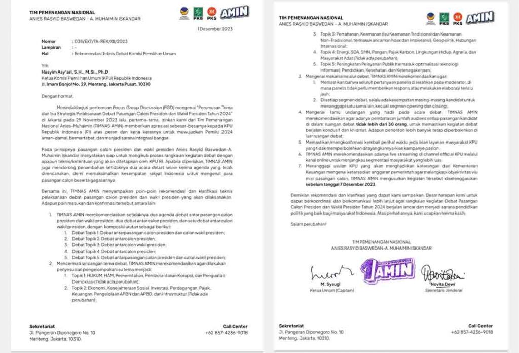 Sikap TIMNAS AMIN tertuang di surat kepada kepada KPU tertanggal 1 Desember 2023