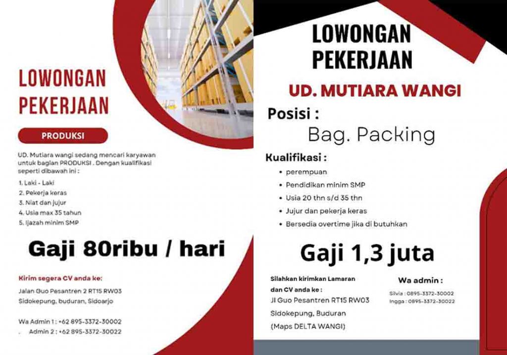 Lowongan kerja UD Mutiara Wangi