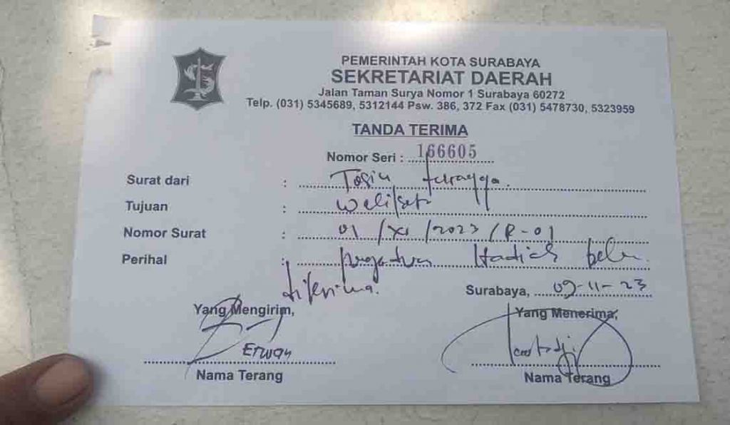 Surat pengaduan Tosin ke Walikota Surabaya